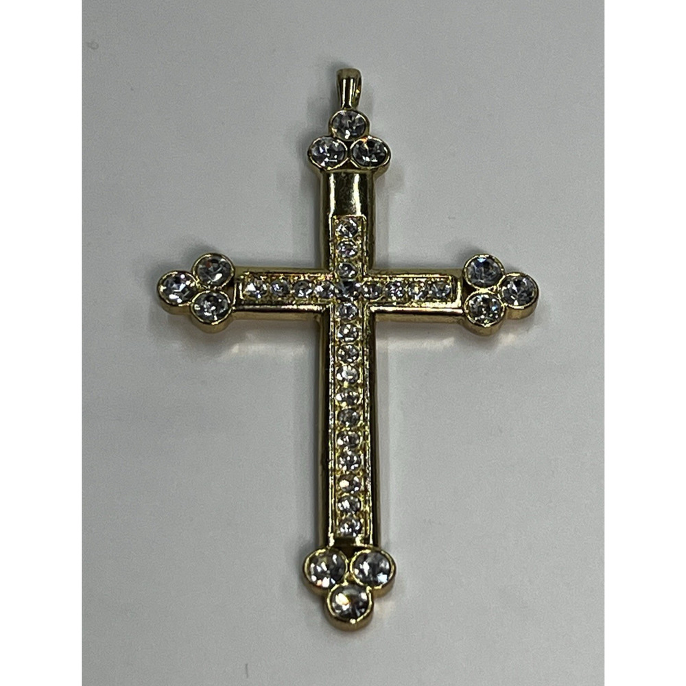 Gothic Trefoil Cross Pendant Gold Tone Brilliant Crystal Rhinestones Statement